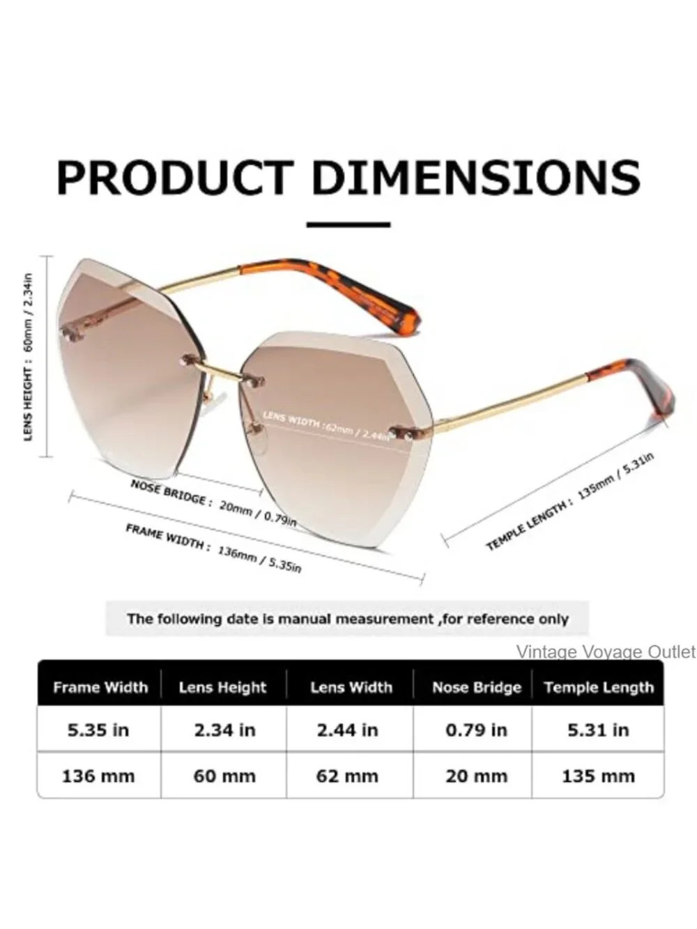 Oversized Rimless Sunglasses UV400 Diamond Cut Metal Frame Women